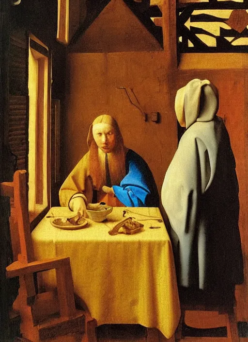 Image similar to Young man at the table with young pretty blonde girl at the crowded inn. Medieval painting by Jan van Eyck, Johannes Vermeer, Florence