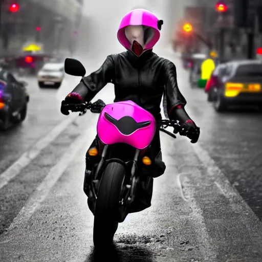 Image similar to hyper realistic, photo, humanoid pink female Squid girl, popping wheelie on motorcycle fast in the rainy city traffic