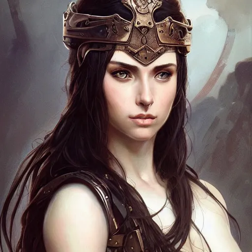 Image similar to a portrait of an attractive young woman, clothed in battle armor, olive skin, long dark hair, beautiful bone structure, symmetrical facial features, intricate, elegant, highly detailed, digital painting, trending on Artstation, concept art, smooth, sharp focus, illustration, by artgerm and greg rutkowski and alphonse mucha