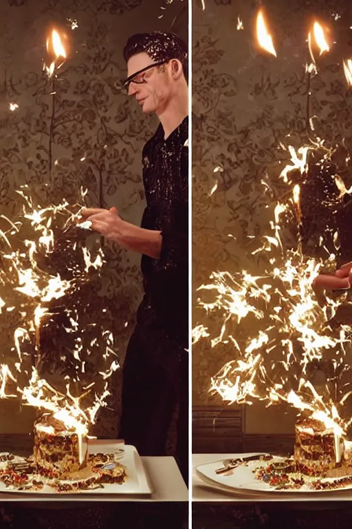Image similar to dolce & gabbana campaign featuring artist ben schumacher blowing out all the candles on the birthday cake, sparklers, realistic vfx simulation