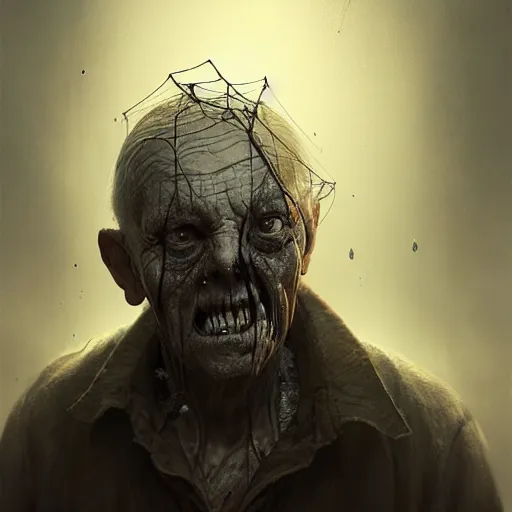 Prompt: an old man with thick thick thick cobwebs cobwebs cobwebs covering his entire face, cobwebs, spooky, atmosphere, detailed, realistic, unreal engine, cgsociety, by wlop and artgerm