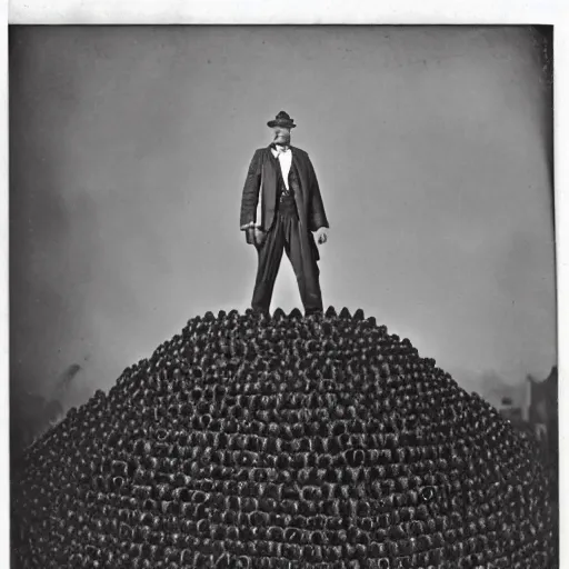 Image similar to a man standing on top of countless skulls, vintage picture from the early 1900’s