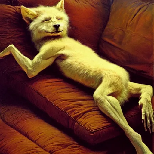 Image similar to a portrait of a furry alien sleeping on the couch. highly detailed painting by gaston bussiere, craig mullins, j. c. leyendecker, furry