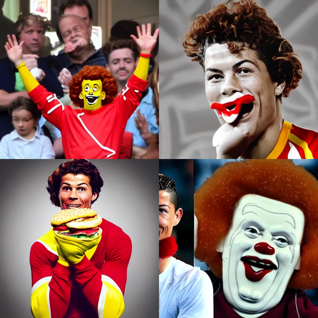 Prompt: Christiano Ronaldo as Ronald McDonald eating a hamburger