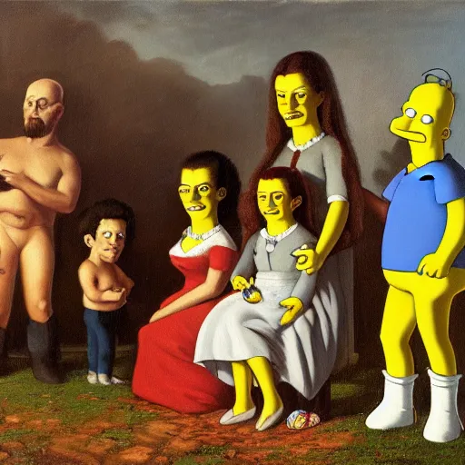 Prompt: oil on canvas painting by gustave courbet [ 1 8 6 6 ] of the simpsons family, 8 k, 4 k