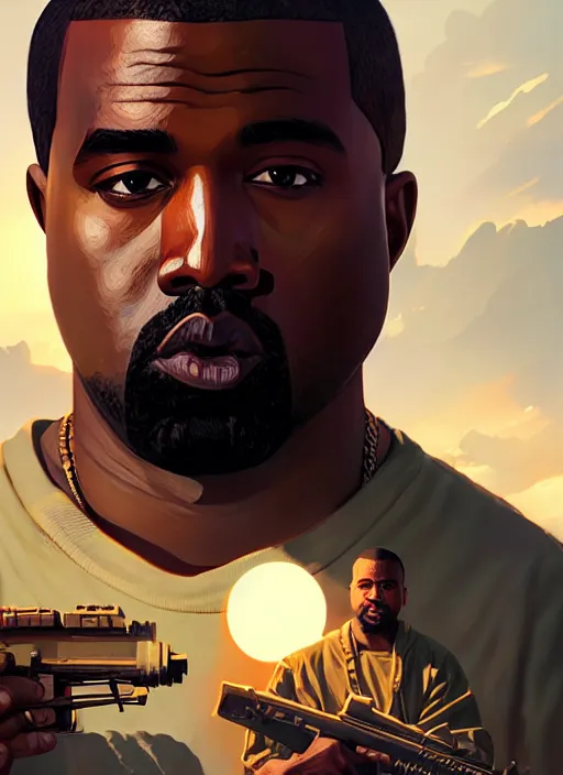 Image similar to highly detailed portrait kanye holding ak in gta v stephen bliss unreal engine fantasy art by greg rutkowski loish rhads ferdinand knab makoto shinkai lois van baarle ilya kuvshinov rossdraws tom bagshaw global illumination radiant light detailed intricate environment