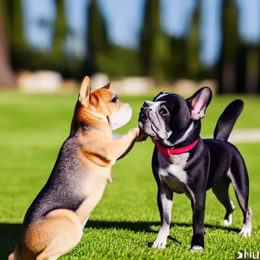 Image similar to a french bulldog giving a shiba inu in a suit a high five, photorealistic, nikon d 7 8 0, high definition, sharp focus, bokeh, smooth, highly detailed, espn sports photography