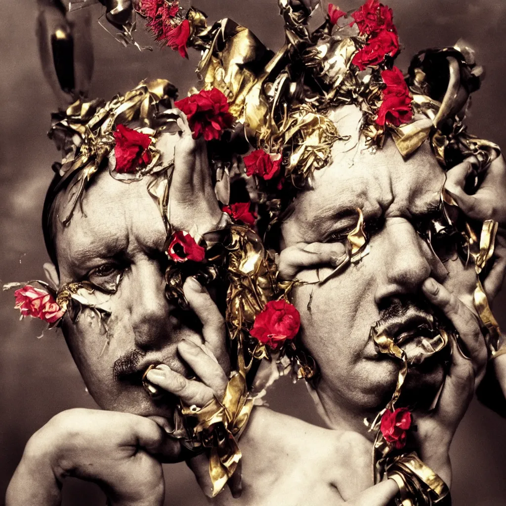 Prompt: award winning emotional heartbreaking full body photo of adolf hitler tied up crying, male, glasses, geek, draped in shiny golden oil, red lipstick, tease, flowers and gold, vivid colors, weird and disturbing, symmetrical face, neon lights, studio lighting, wide shot art by sally mann & arnold newman