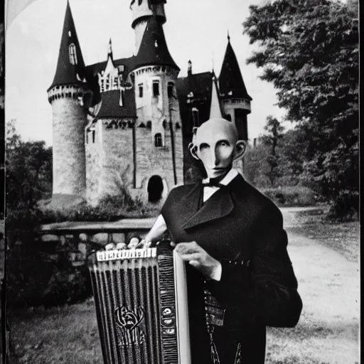 Image similar to vintage photograph of count orlok outside his castle, playing accordion, castle in the background, 4 k