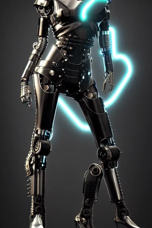 Prompt: edgy beautiful powerful female glossy futuristic cyborg with curved metal Loki horns and chrome motorcycle parts, full body, dark fantasy, neon bar lights, 3d render, octane, 8k, volumetric lighting, hyper-realistic,, diffuse lighting, intricate, highly detailed, lifelike, photorealistic, digital painting, trending on artstation, smooth, sharp focus