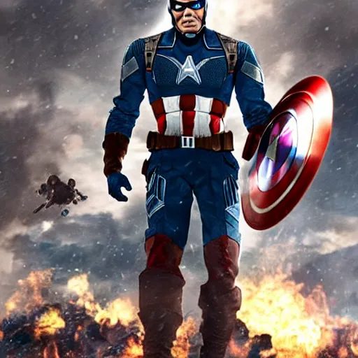 Image similar to Obama as Captain America in the Avengers, final epic scene, closeup still