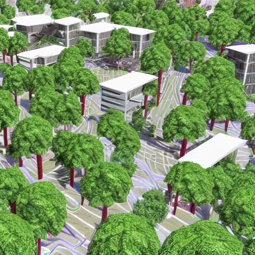 Image similar to a city made of trees, with walkways between the tree buildings, ziplines, lots of plants, realistuc