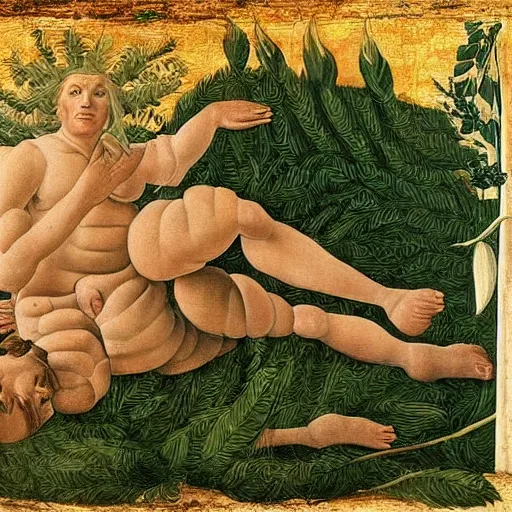 Image similar to portrait of benjamin netanyahu lying elegantly in nature, leaves as clothes, by sandro botticelli