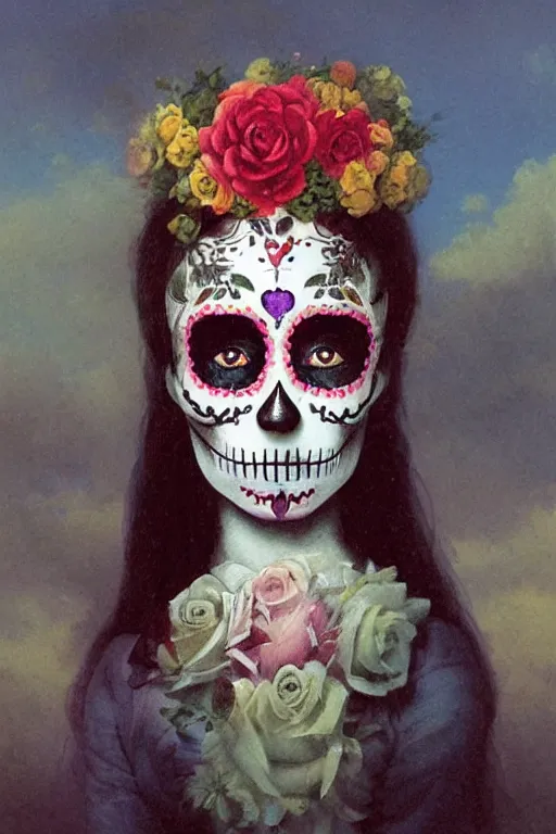 Prompt: illustration of a sugar skull day of the dead girl, art by Ivan Aivazovsky