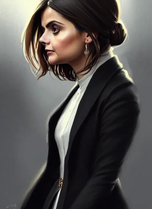 Image similar to 3/4 portrait of Jenna-Louise Coleman wearing a sleek black modern overcoat, art nouveau, D&D, fantasy, elegant, highly detailed, digital painting, artstation, concept art, matte, sharp focus, illustration, art by Artgerm and Greg Rutkowski and WLOP