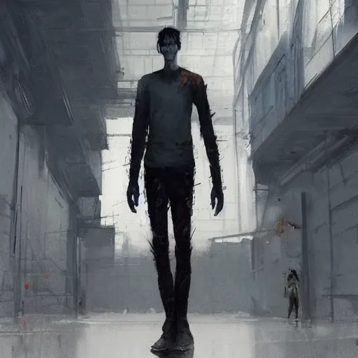 Image similar to concept art by greg rutkowski, a very tall and slender young man, dressed in patient clothes and an open sweatshirt, wandering through the desolate, futuristic, brutalist interior of a space colony, depressing atmosphere, low lighting, scifi, highly detailed portrait, digital painting, artstation, concept art, smooth, sharp foccus ilustration, artstation hq