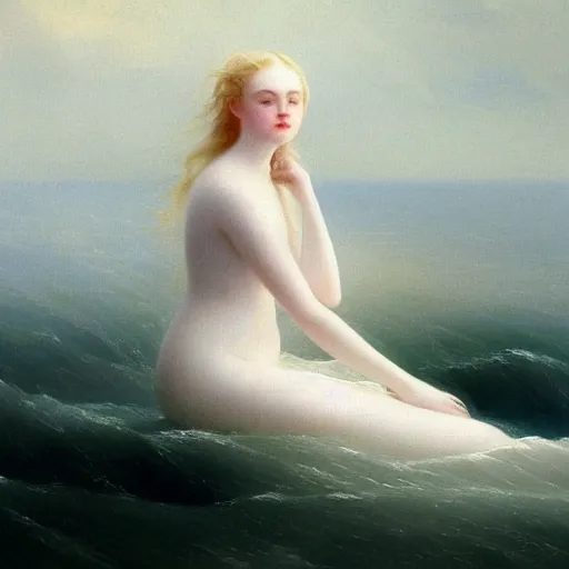 Image similar to Painting of Elle Fanning at sea, long blonde hair, delicate, pale milky white porcelain skin, by Ivan Aivazovsky. 8K. Extremely detailed.