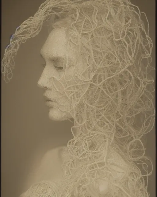 Prompt: a woman's face in profile, long flowing hair entwined in a coral reef, made of intricate decorative lace leaf, in the style of the dutch masters and gregory crewdson, dark and moody