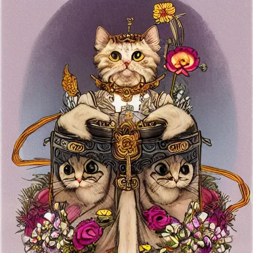 Image similar to A heraldic queen kitty cat with big cute eyes and her paw raised like a japanese maneki-neko and flowers around, D&D, fantasy, intricate, cinematic lighting, highly detailed, digital painting, artstation, concept art, smooth, sharp focus, illustration, art by Akihiko Yoshida, Greg Rutkowski and Alphonse Mucha