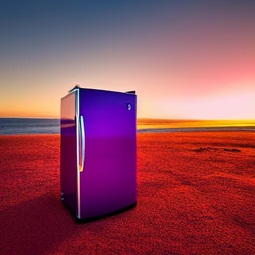 Image similar to purple refrigerator on red sand with green ocean and black sunset