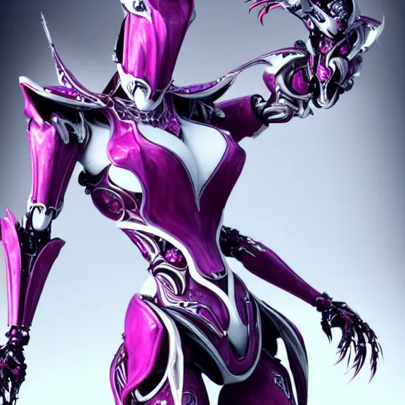 Image similar to highly detailed exquisite fanart, of a beautiful female warframe, but as an anthropomorphic elegant robot female dragon, shiny and smooth white silver plated armor engraved, robot dragon head, Fuchsia skin beneath the armor, sharp claws, long sleek tail behind, robot dragon hands and feet, standing elegant pose, close-up shot, full body shot, epic cinematic shot, professional digital art, high end digital art, singular, realistic, DeviantArt, artstation, Furaffinity, 8k HD render, epic lighting, depth of field