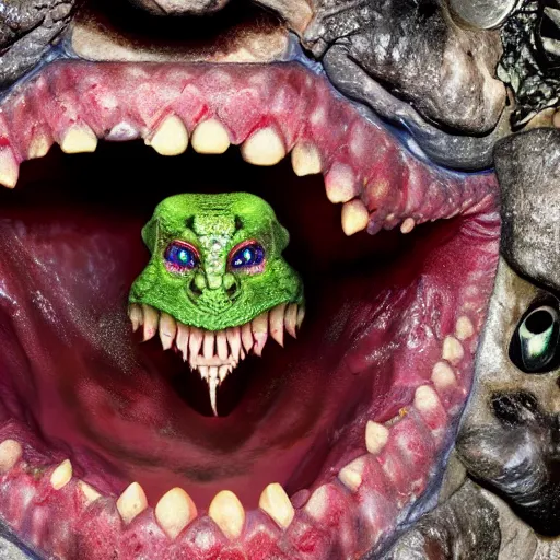 Image similar to photo inside a cavern of a wet reptilian humanoid putin with red eyes, open mouth with big teeth, partially hidden behind a rock with some blingblings