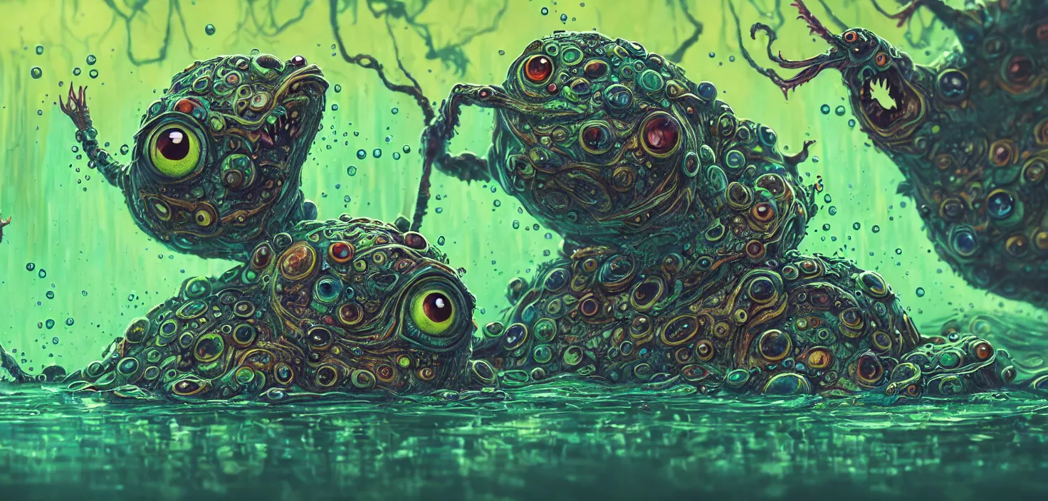 Prompt: intricate colourful murky pond with strange cute friendly angry crazy creatures with huge eyes long tongue triangle teeth and scary face appearing from the water, in the style of craola, cinematic view, macro lens, shallow depth of field, highly detailed, digital painting, trending artstation, concept art, illustration, cinematic lighting, vibrant colors, photorealism, epic, octane render