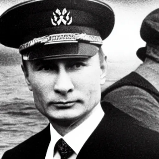 Prompt: vladimir putin wearing captain's uniform on the deck of the titanic as it hits the iceberg