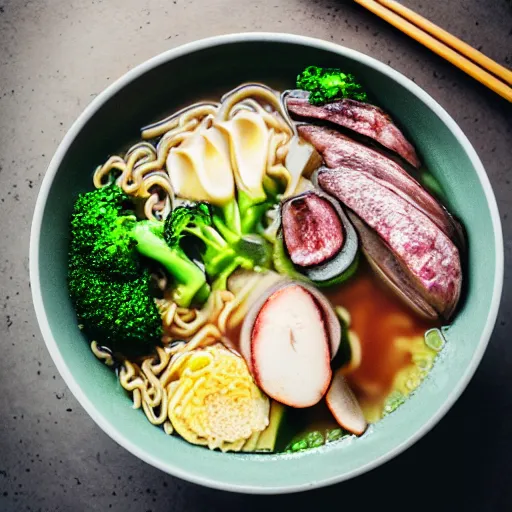 Image similar to a steaming bowl of ramen with weird ingredients, like toothpaste, broccoli and turnips. Food photography, bokeh