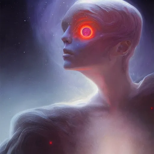 Prompt: A ghostly presence floats through the universe, glowing eyes, infrared hair, pitch black skin, the destroyer of worlds reaches for earth, single face, psychedelic, highly detailed, digital painting, artstation, concept art, smooth, sharp focus, illustration, Unreal Engine 5, 8K, art by artgerm and greg rutkowski and alphonse mucha