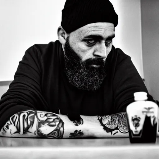 Image similar to black and white press photograph, highly detailed portrait of a depressed tattooed middle age man drug dealer sitting by the table, detailed face looking into camera, eye contact, natural light, mist, fashion photography, film grain, soft vignette, sigma 85mm f/1.4 1/10 sec shutter, Darren Aronofsky film still promotional image, IMAX 70mm footage