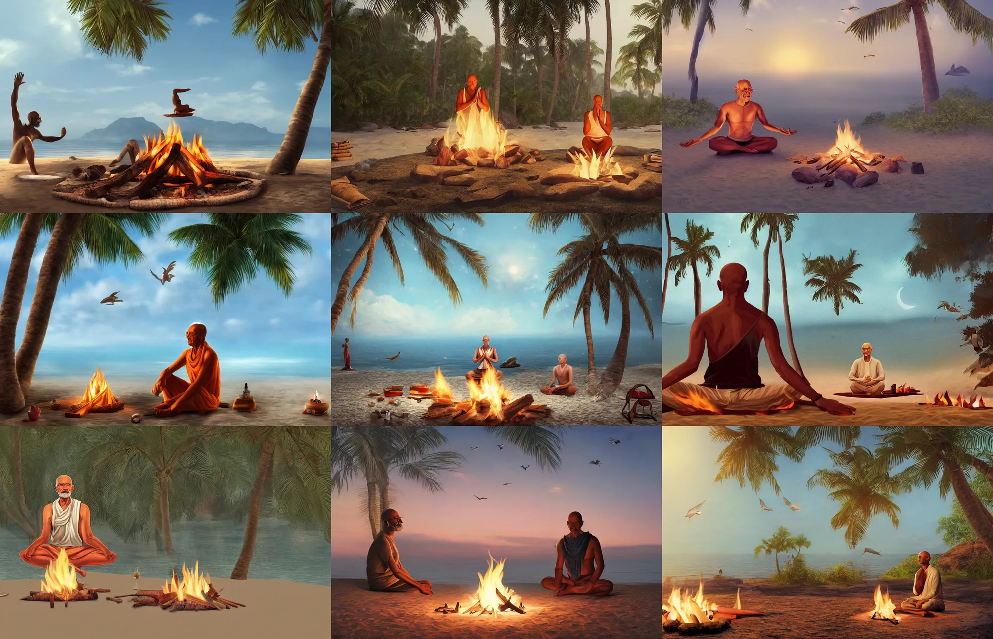 Prompt: photorealistic illustration of ghandi in a yoga pose sitting around a campfire at the beach with palm trees in the back, flying birds, swimming dolphins,, artstation, deviantart, cgsociety