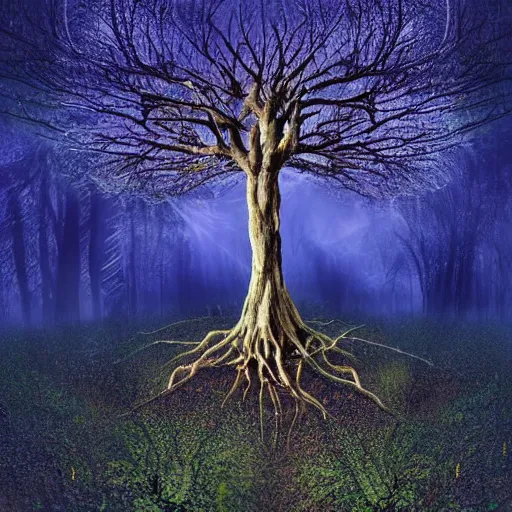 Image similar to spectacular, fantastic, spuky, fabulous tree standing in a thickly vegetated, sombre forest in a fantasy world, dreamlike light incidence, sunraise, ultrarealistic, eerie, onimous