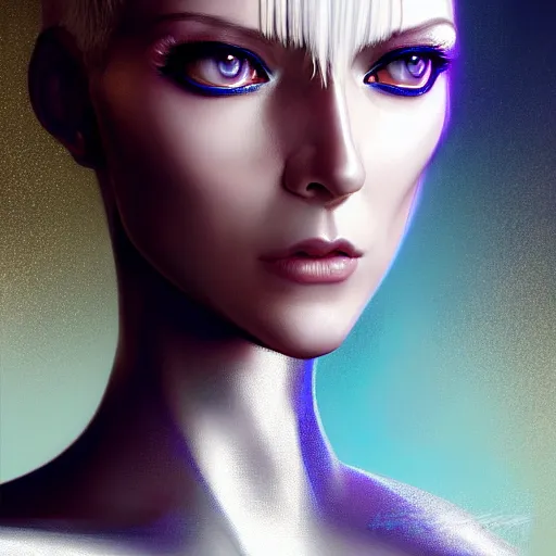 Image similar to futuristic woman android portrait, sci-fi female, striking azure eyes, face, short platinum hair tomboy, cyberpunk femme fatale, intricate, elegant lady with alabaster skin, highly detailed gold filigree, digital painting, artstation, concept art, smooth, sharp focus, illustration, studio photo by artgerm and greg rutkowski and alphonse mucha:3, overexposed, dark, gray, monochrome:-4