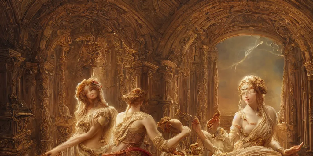 Image similar to a stunning and noble highly detailed romantic period style painting of the place where gods come into being by james jean, josep tapiro baro and harles sillem lidderdale, trending on artstation, oil painting masterpiece, symmetry, rule of thirds, mysterious