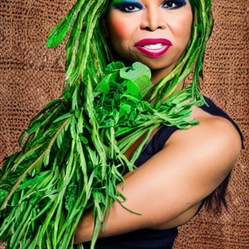 Prompt: tina turner portrait, green turnip hair leaves, colored, dslr, photoshoot