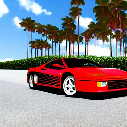 Image similar to a red Ferrari testarossa on a road next to a white sand beach with palm trees. 16bit graphics.