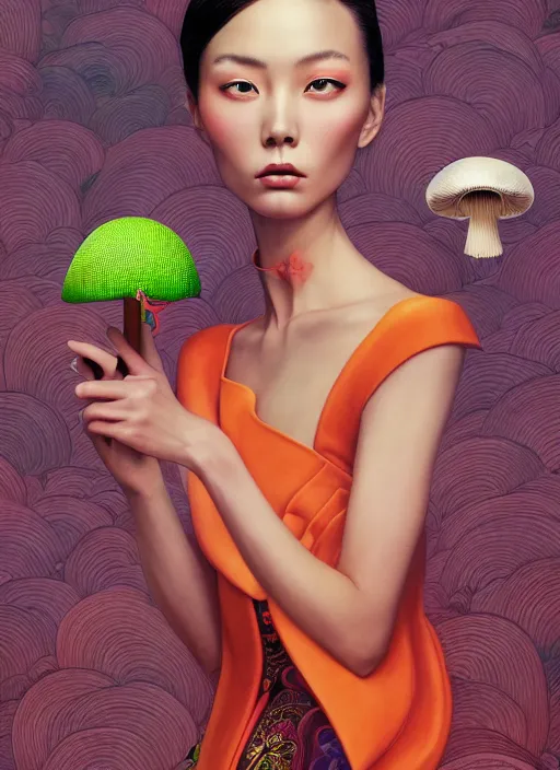 Image similar to pretty chinese model with futuristic mushroom : : by martine johanna and simon stalenhag and chie yoshii and casey weldon and wlop : : ornate, dynamic, particulate, rich colors, intricate, elegant, highly detailed, vogue, harper's bazaar art, fashion magazine, smooth, sharp focus, 8 k, octane render,