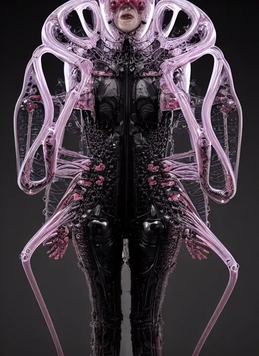 Prompt: iris van herpen gothic inflateble dark dress, perfect symmetrical body, helmet on face, full body shot, inflateble shapes, wires, tubes, veins, jellyfish, white biomechanical details, wearing epic bionic cyborg implants, masterpiece, intricate, biopunk, vogue, highly detailed, artstation, concept art, cyberpunk, octane render