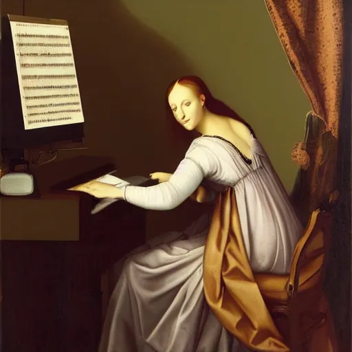 Image similar to Renaissance oil painting, full room view, skinny female artist back view, dark hair, pale grey babydoll dress, sleeveless, ruffle shoulders, typing on a computer keyboard facing a giant wall size computer screen