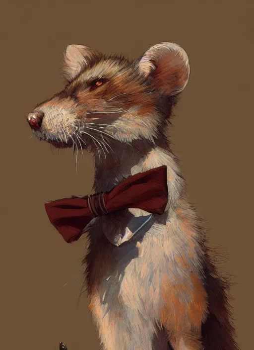 Prompt: Character portrait of a happy furry anthro weasel wearing a bowtie in the desert wilderness, intricate, elegant, highly detailed, digital painting, artstation, concept art, smooth, sharp focus, illustration, art by Krenz Cushart and Artem Demura and alphonse mucha