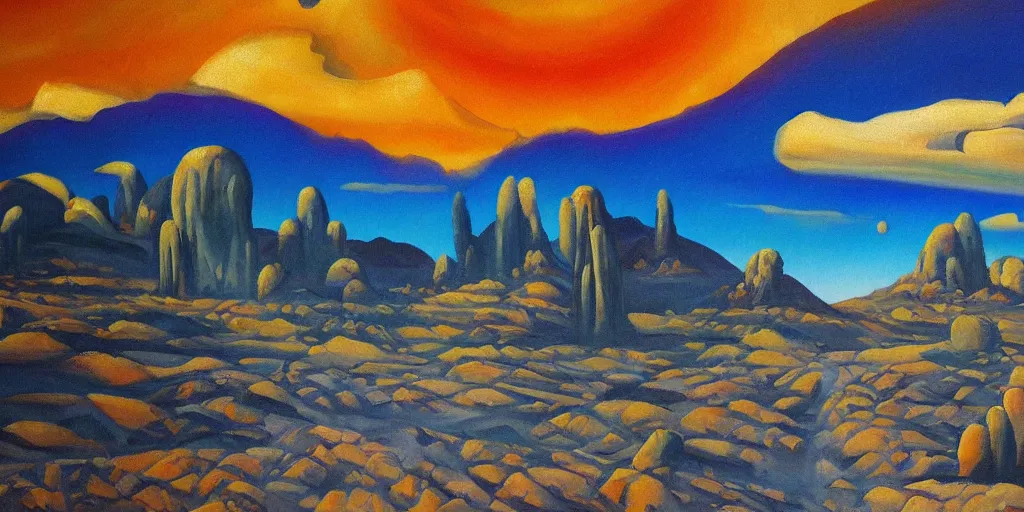 Image similar to Desert stylized landscape dark but happy fantasy surreal oil paint on canvas art deco era