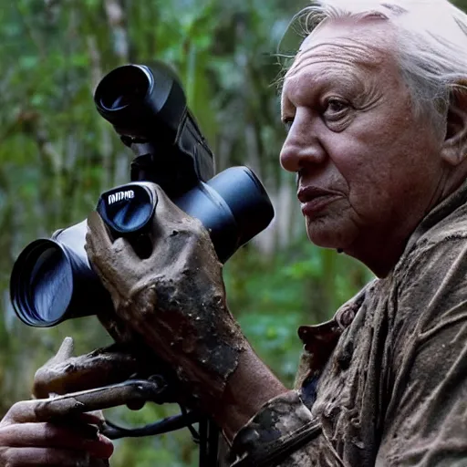 Image similar to cinematic still of sir david attenborough, covered in mud and watching a magnificent predator in the distance with a binocular in 1 9 8 7 movie predator hd, 4 k