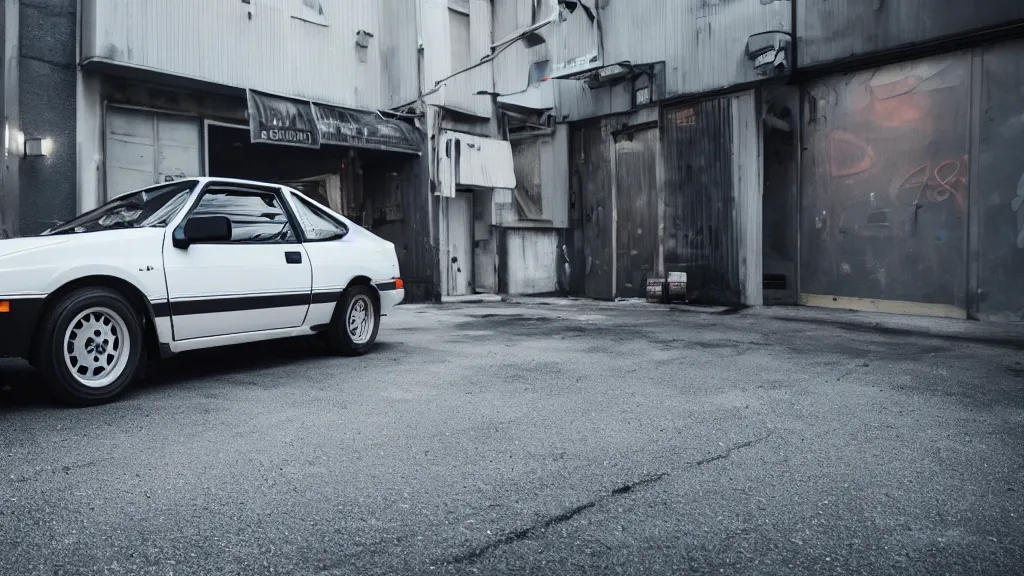 Prompt: a 1 9 8 3 toyota ae 8 6 with carbon hood and tofu shop side door banner, cinematic, nikon d 7 5 0, long exposure, white balance, 8 k, led, lumen global illumination, fog, ray tracing reflections, fxaa, rtx, post - production