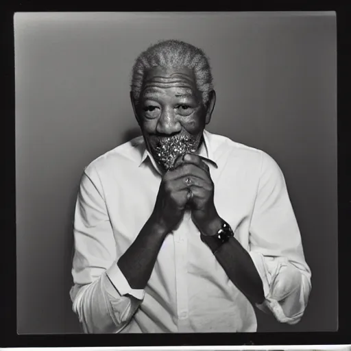 Image similar to polaroid photo of morgan freeman eating a spanish potato omelette