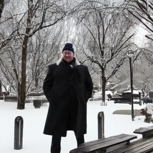 Image similar to Kevin Malone wearing a black ushanka hat and black wool overcoat sitting on a park bench during the winter