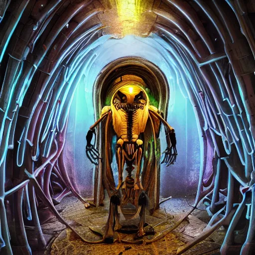 Prompt: inside a futuristic alien temple, an ancient african adventurer in flowing colorful robes exploring with a glowing futuristic lantern, skeleton wearing a brown jacket and hat, ancient alien carvings, beam of moonlight through a hole in the overgrown ceiling, giant massive stone statue of a sitting alien king