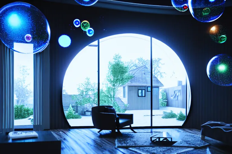 Prompt: a home built in a huge Soap bubble, windows, doors, porches, awnings, middle of SPACE, cyberpunk lights, Hyper Detail, 8K, HD, Octane Rendering, Unreal Engine, V-Ray, full hd