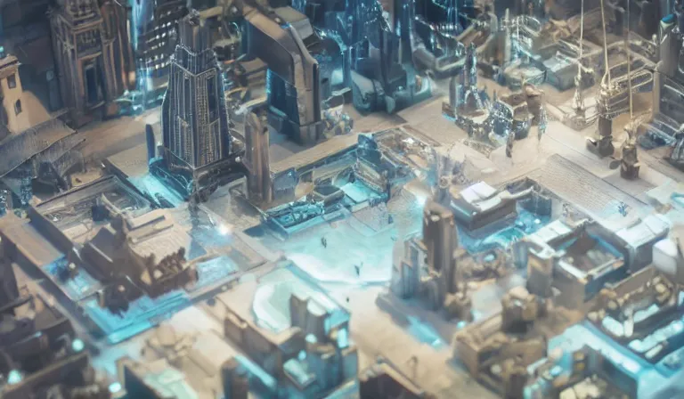 Image similar to crowd of people in simple white museum, looking at hologram of futuristic city on a table, cinematic concept art, godrays, golden hour, natural sunlight, 4 k, clear details, tabletop model buildings, center model buildings, hologram center, crane shot, crane shot, crane shot