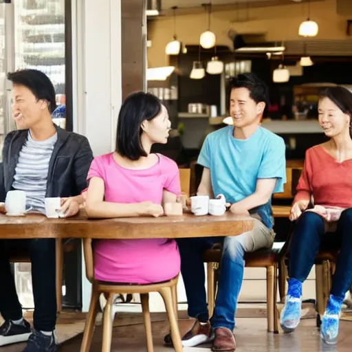 Prompt: taiwan brother, sister and her foreign husband sit down waiting for coffee in cafe